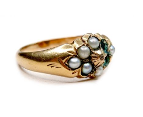 A gold ring set with six (missing two) seed pearls, marks rubbed, size L, 2.0g. 