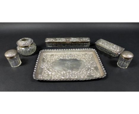 A silver dressing table tray inscribed 'J' to centre and marked Birmingham 1900, together with a pair of decagonal silver-top