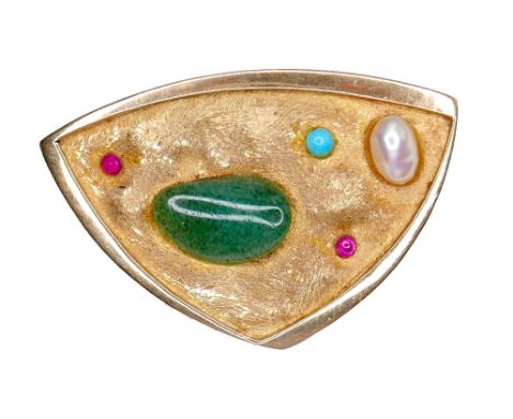 An unmarked 18ct yellow gold brooch, of modernist triangular form, set randomly with jade, two rubies, a turquoise and a pear