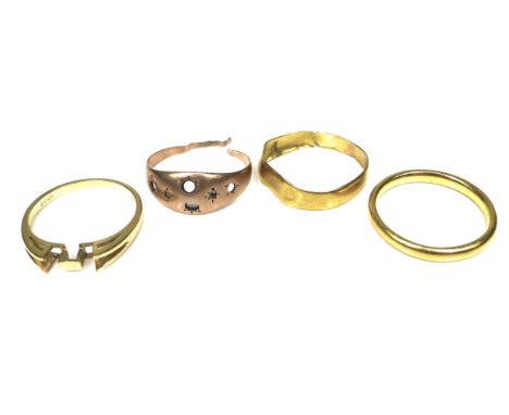 A group of four gold rings, comprising a 22ct gold wedding band, size O, 2.5mm wide, 2.5g, a damaged  22ct gold wedding band,