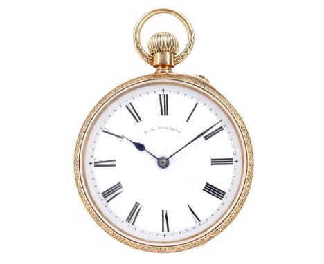A Victorian 18ct gold open faced pocket watch, by T. R. Russell, keyless wind, foliate engraved case, number 344842, 3/4 plat