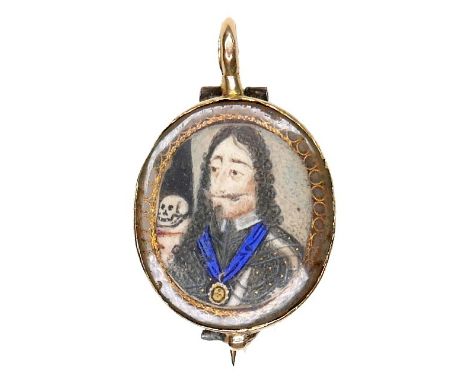 An interesting gold memento mori portrait miniature brooch pendant, possibly 17th century, depicting King Charles I in armour