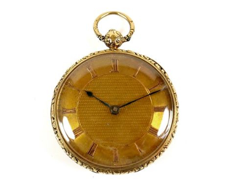An early Victorian 18ct yellow gold pocket watch, key wind, open faced, with machine engraved dial, matte chapter ring with r