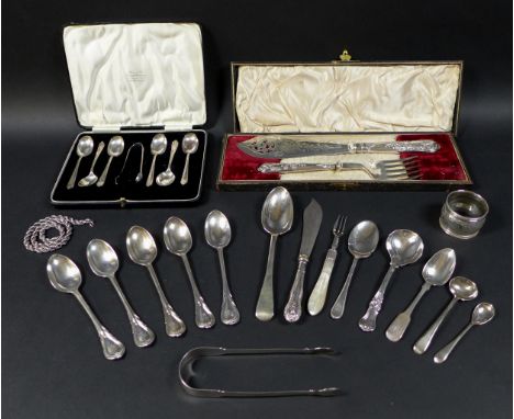 A collection of silver items, including Georgian teaspoons, sugar tongs, William Bateman, napkin ring monogrammed 'SE', salt 