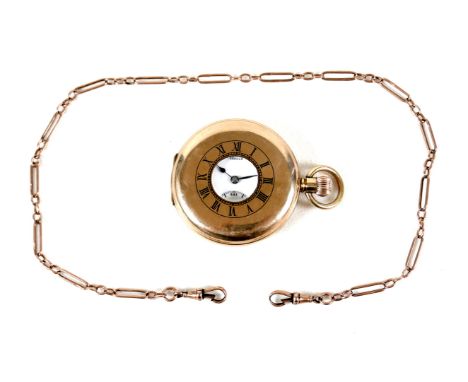 An Edward VIII 9ct gold cased half hunter pocket watch by J. W. Benson, keyless wind, with black Roman numerals to outer case