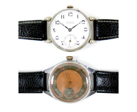 Two oversized aviator / pilot's wristwatches, comprising an Art Deco Wengia Langendorf stainless steel wristwatch, with trans