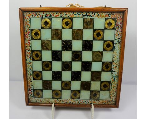 Reverse Painted Glass Chess Board, circa 19th century, Framed, 39cm wide