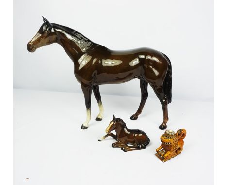Large Beswick Figure of a Racehorse, 30cm high, With a Beswick Foal and a Novelty Snuff Box, Modelled as a Grotesque Lion, (3