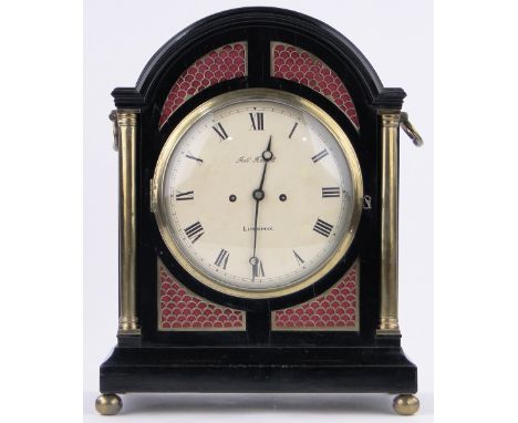 A 19th century brass and ebonised domed top bracket clock,painted dial with 5 pillar rack and bell striking twin fusee moveme