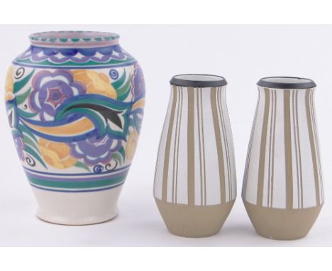 A Carter, Stabler & Adams Poole Pottery vase,with painted design, height 18cm and a pair of Art Deco style Denby Pottery vase