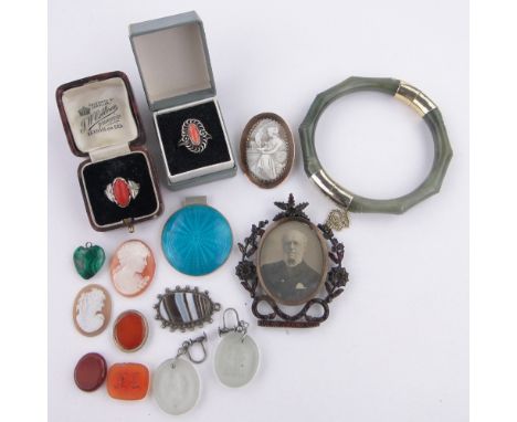 Box of various jewellery,including a gold framed carved Cameo brooch, 2 coral set rings, small garnet frame, jade bangle, etc