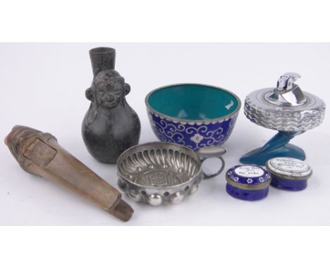 Group of various items,including 2 small enamel pillboxes, carved wood nutcracker, etc., (7).