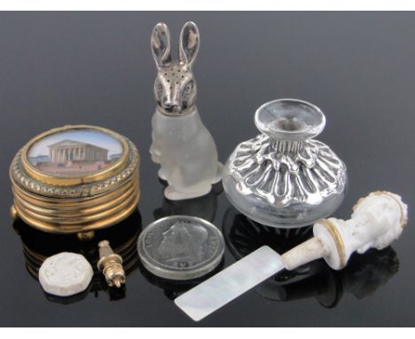 A Victorian brass trinket box with inset Roman temple scene,a novelty hare design pepperette, etc.