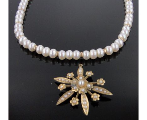 A cultured pearl and gold bead necklace,and a pearl set gold starburst pendant a/f, (2).