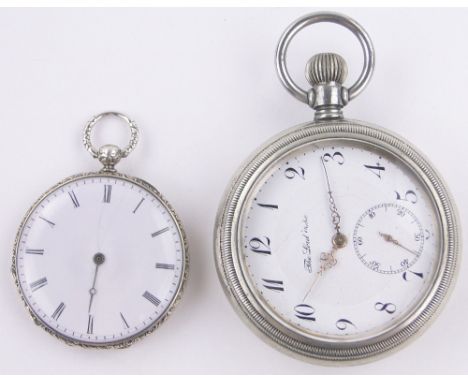 An engraved Swiss silver cased keywind pocket watch,case width 42mm and a nickel cased railway engine design pocket watch, (2