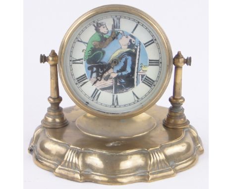 A brass drum cased mantel clock with automaton monkey barber dial,on brass plinth base, case diameter 11cm.