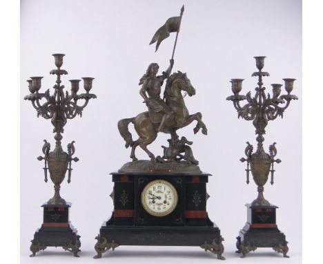 A Victorian spelter clock garniture,clock surmounted by a knight on horseback, height 84cm and a pair of matching 5 branch ca