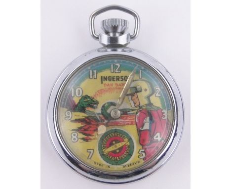 An Ingersol Dan Dare design pocket watch,circa 1950 with printed automaton dial and chrome case, case width 50mm.