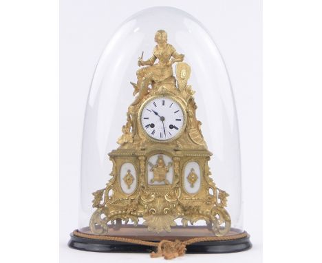 An ornate 19th century French gilt metal cased mantel clock,surmounted by a figure in armour, enamel dial signed F L Hausburg