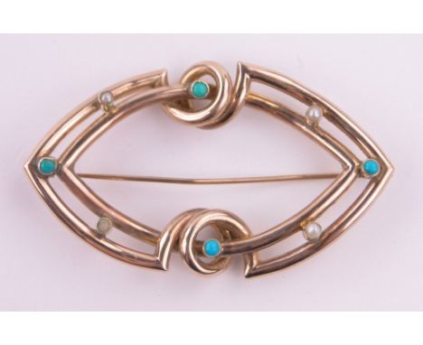 A Victorian unmarked gold turquoise and pearl set brooch,17.6g, length 73mm.