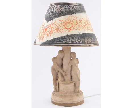 Quentin Bell (1910-1996) a unique sculptured unglazed pottery table lamp,the central column flanked by 2 classical figures, i