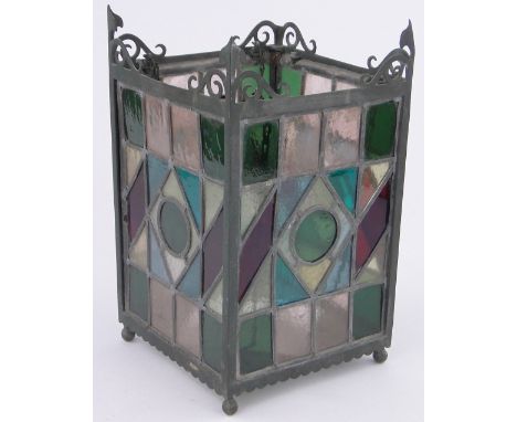 A coloured stained glass lead light lantern light shade,in brass frame, height 35cm, width 21cm.