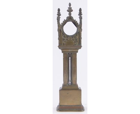 A Victorian brass pocket watch stand in the form of a long cased clock,with inset thermometer to the case, height 37cm.