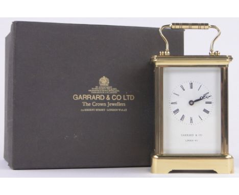 A Garrard brass cased carriage clock,case height 11.5cm, boxed with keys, recently serviced, in working order.