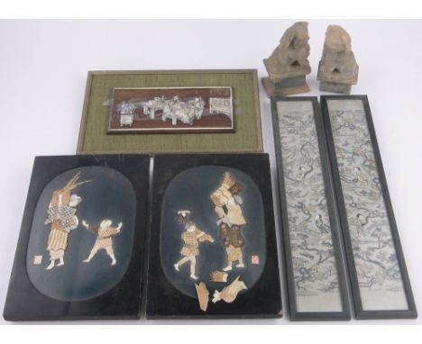 A group of Oriental items,including Shibyama ivory and mother of pearl plaque, pair of carved soapstone dogs of fo, embroider