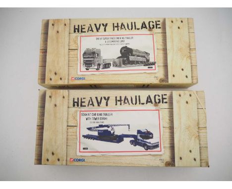 A pair of CORGI 1:50 scale diecast 'Heavy Haulage' diecast lorries comprising a Daf with King Trailer and locomotive load in 