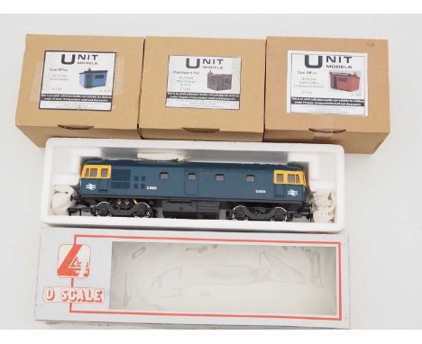 A group of O gauge items comprising a LIMA class 33 diesel locomotive in BR blue and 3 x 3D printed buildings by UNIT MODELS 