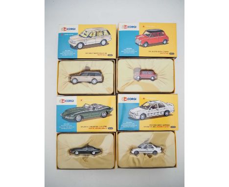 A complete set of four CORGI 1:50 scale diecast cars produced by CORGI to celebrate their 50th Anniversary comprising a Mini,