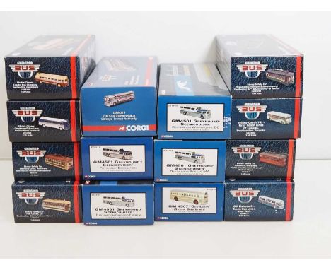 A large group of CORGI 1:50 scale American Outline diecast buses and streetcars - VG/E in VG/E boxes (14)