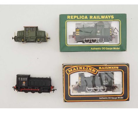 A group of small OO gauge diesel shunting locomotives comprising a MAINLINE class 03, a small repainted FLEISCHMANN loco toge
