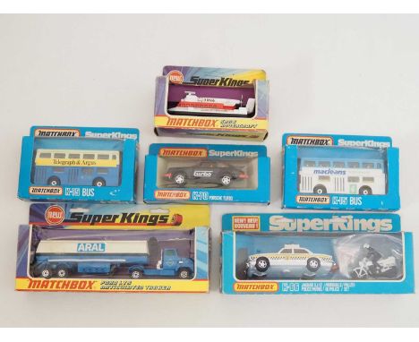 A group of vintage MATCHBOX diecast Super Kings to include cars, lorries and buses - G/VG in F/G boxes (6)
