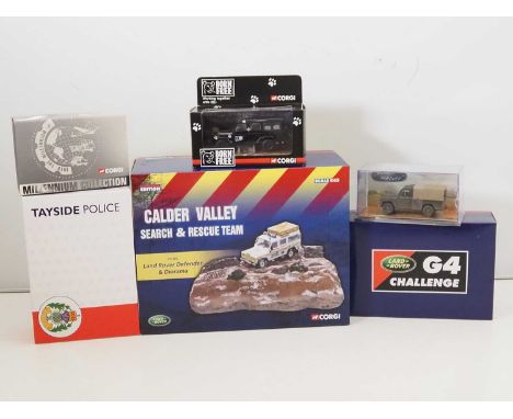 A group of CORGI 1:50 scale Land Rover diecast related models to include a Calder Valley Search and Rescue diorama - VG/E in 