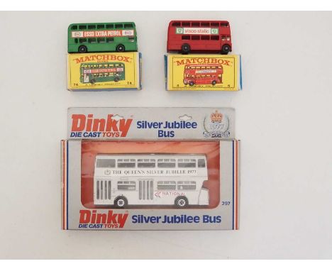 A group of DINKY and MATCHBOX buses comprising: MATCHBOX No. 5 London Bus and number 74 Daimler bus - both in Type E boxes to