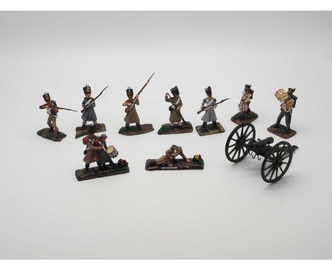 A mixed group of HERITAGE Napoleonic Figures by Martin Tabonay comprising: two British Drummers, two standing beige coat figu