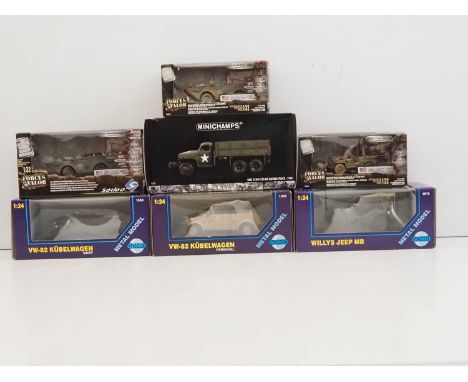A tray of 1:24,1:32 and 1:35 scale military vehicles by MINICHAMPS and others - VG/E in VG boxes (7)