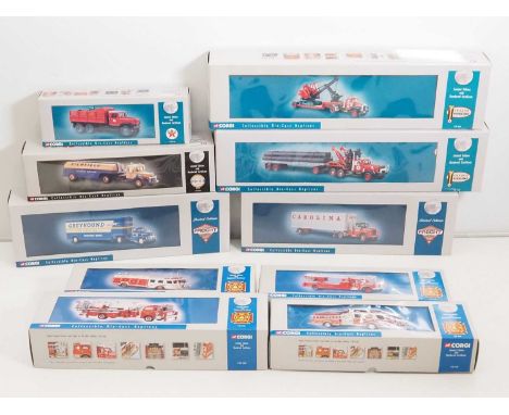 A group of CORGI 1:50 scale American Outline diecast articulated lorries and fire engines from various series - VG/E in VG/E 