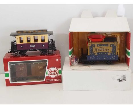 A group of LGB G scale wagons and coach to include a 94605 Magic Pustefix Bubble Blowing Car - VG in G/VG boxes (where boxed)