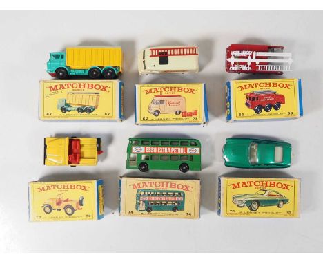 A group of MATCHBOX Regular Wheels in Type E3 and E4 boxes comprising: 47C, 62B (E3 box with aerial ladder and TV sets), 63B 