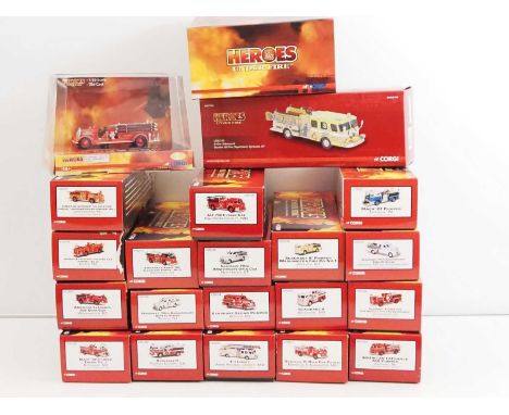 A large group of CORGI 1:50 scale American Outline diecast fire engines from the 'Heroes Under Fire' Series - VG/E in VG/E bo