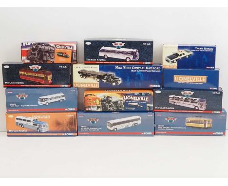 A group of CORGI American Outline diecast lorries, vans, buses and streetcars from the 'Lionelville' and 'Vintage Buslines' S