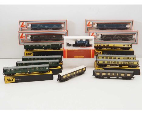 A group of OO gauge rolling stock by HORNBY, LIMA and TRIX to include a small steam loco, vans and coaches - G/VG in F/G boxe