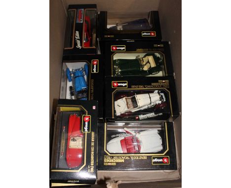 A box containing five Burago boxed 1/18 scale cars, a Maisto Special Edition, and three Burago 1/24 scale cars