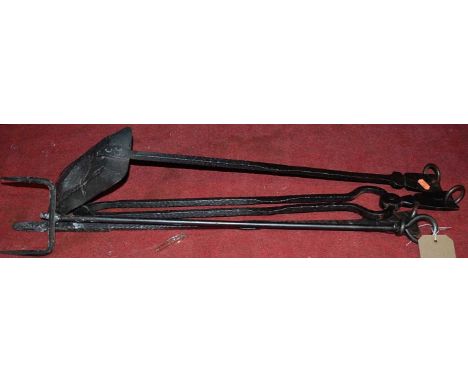 A set of three contemporary wrought iron fire-tools, to include; shovel, tongs and poker