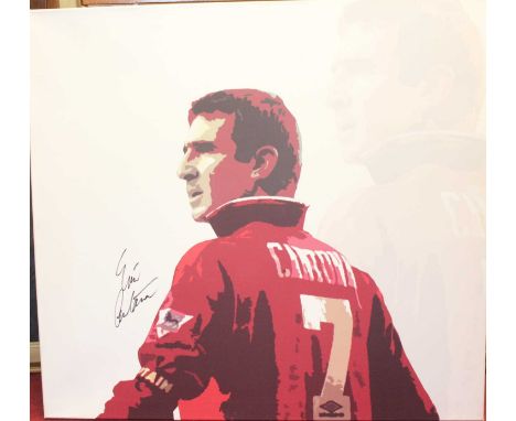 Manchester United interest - canvas print of Eric Cantona, being signed by the player, 94x101cm