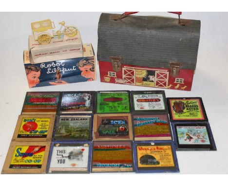 A mid 20th century tin plate lunchbox in the form of a farm barn, a boxed Airfix plastic ice cream tricycle, boxed tinplate r