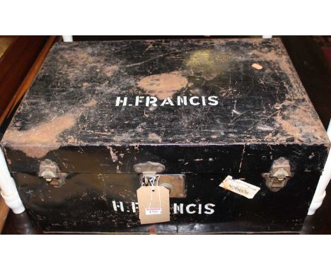 An early 20th century painted metal mililtary travelling trunk titled H Francis, width 60cm, together with another similar